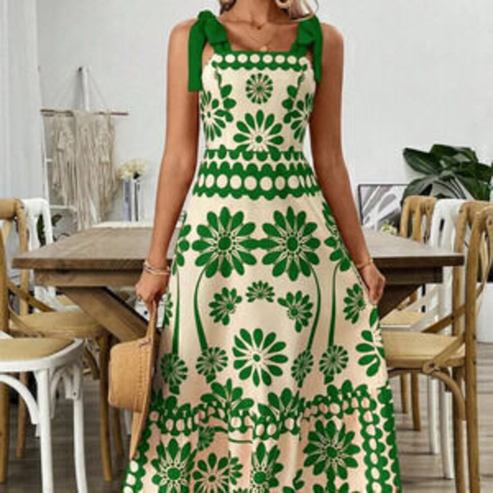 Green Casual Women's Print Laced Shoulder Cut-Out Waist Dress Vacation Beach - Picture 3 of 3